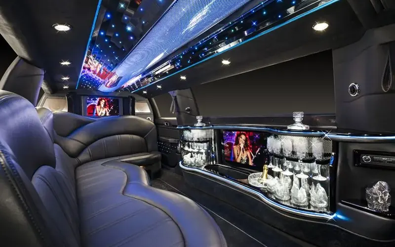 Stretch limousine interior with bar and lighting